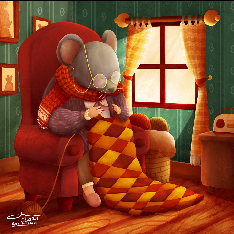 Ilustrasi hewan, gambar kartun lucu kucing sedang merajut dengan latar rumah