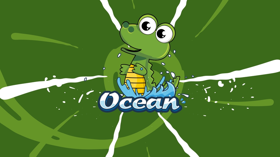Jasa pembuatan animasi motion graphic buaya berenang dengan tulisan ocean di air