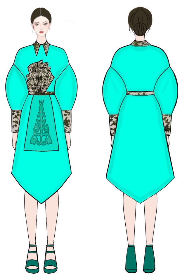 Ilustrasi desain gaun wanita dengan warna biru muda dan detail gambar bunga di bagian tengah.