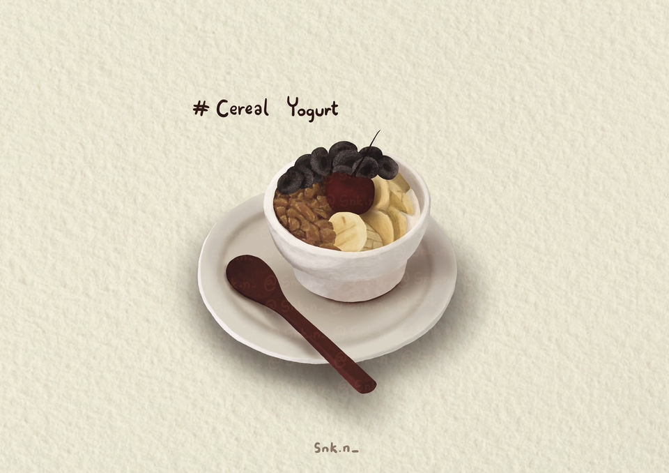 รับวาดภาพประกอบ อาหารเช้า โยเกิร์ต ผลไม้ ถั่ว