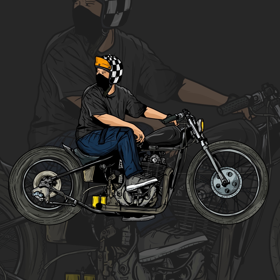 Ilustrasi digital seorang pria mengendarai sepeda motor dengan desain keren, jasa pembuatan ilustrasi motor, gambar ilustrasi motor, desain motor, gambar motor, jasa ilustrasi digital