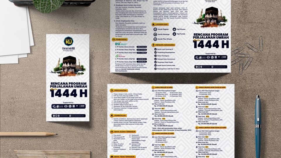 Contoh desain brosur untuk paket perjalanan umrah 1444H, desain brosur umrah, desain brosur perjalanan umrah, desain brosur umroh, desain brosur perjalanan umroh.
