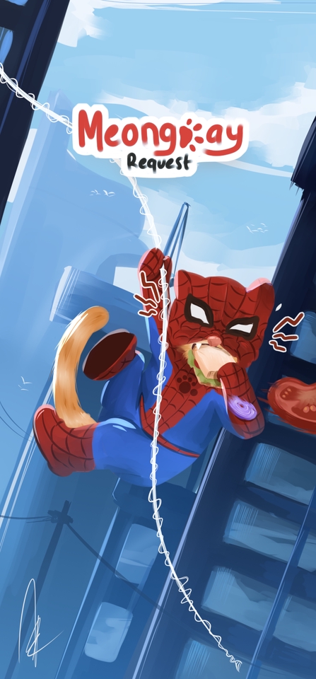 Ilustrasi kucing lucu bertema Spiderman, cocok untuk keperluan desain karakter, ilustrasi buku, merchandise, dan lain-lain.