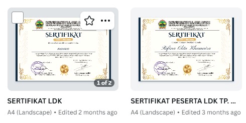 Desain sertifikat untuk sertifikat LDK dan sertifikat peserta LDK