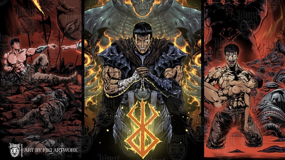 Jasa ilustrasi digital anime karakter bergaya gelap dengan pedang dan simbol