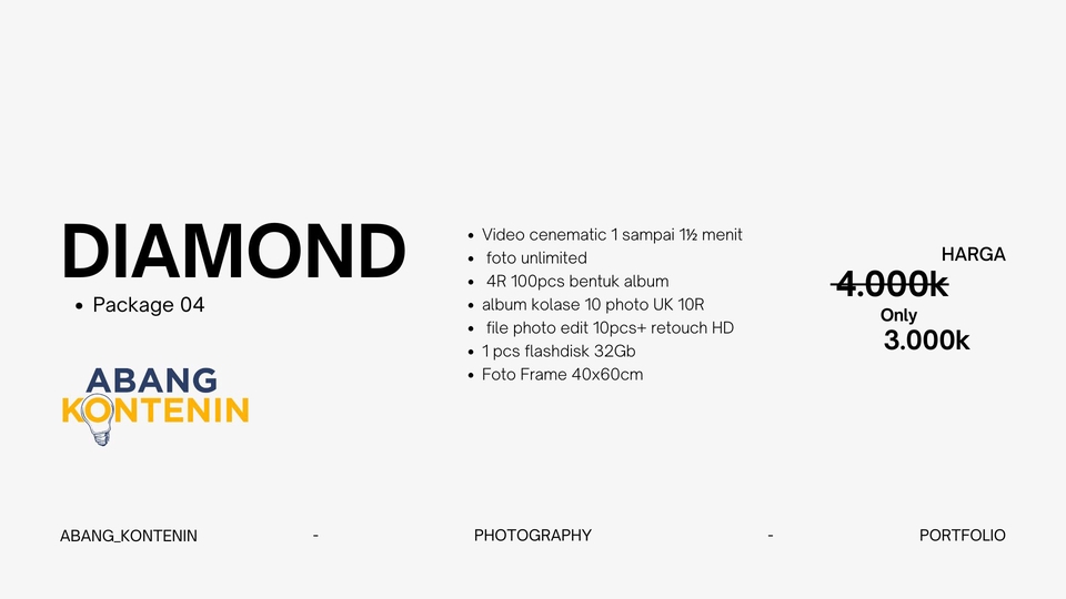 Jasa Fotografi Diamond Package: Harga dan detail layanan fotografer profesional untuk berbagai keperluan.