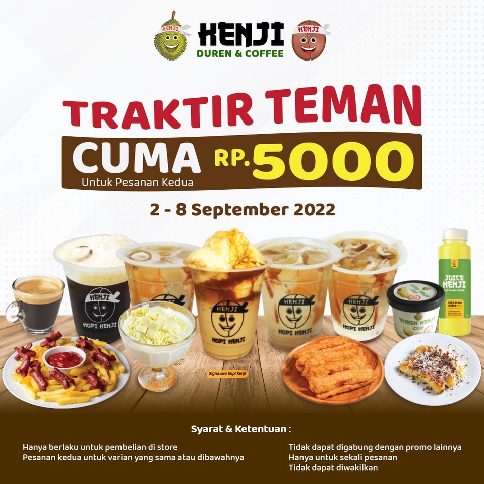 Promo minuman durian Henji dengan harga spesial Rp. 5000 untuk pembelian kedua