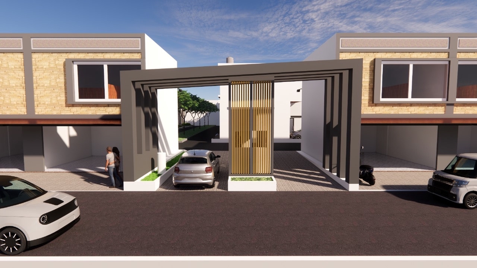 Jasa desain exterior 3D rumah minimalis dengan pagar dan gerbang kayu modern.