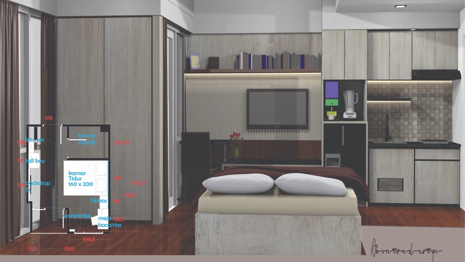 Jasa Desain Interior 3D Apartemen Studio Minimalis Modern