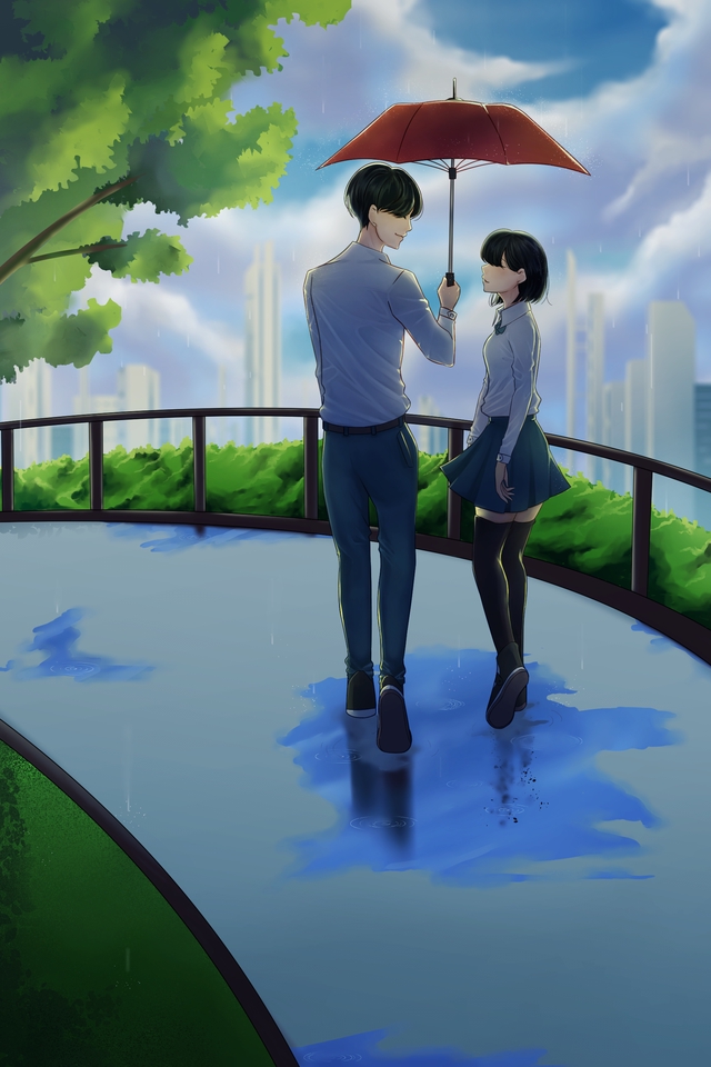 ออกแบบตัวละครคู่รักสไตล์ญี่ปุ่น ใต้ร่มในวันฝนตก