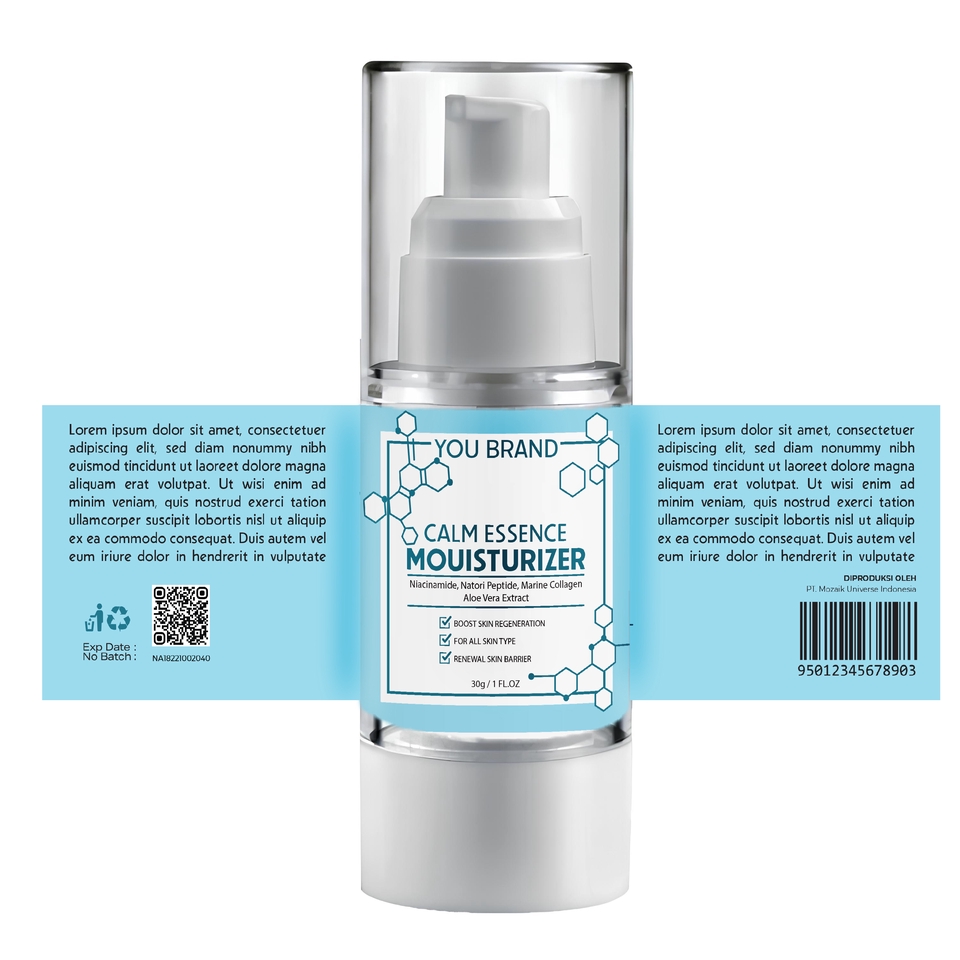 Jasa desain kemasan botol moisturizer dengan desain minimalis dan elegan, cocok untuk produk perawatan kulit.
