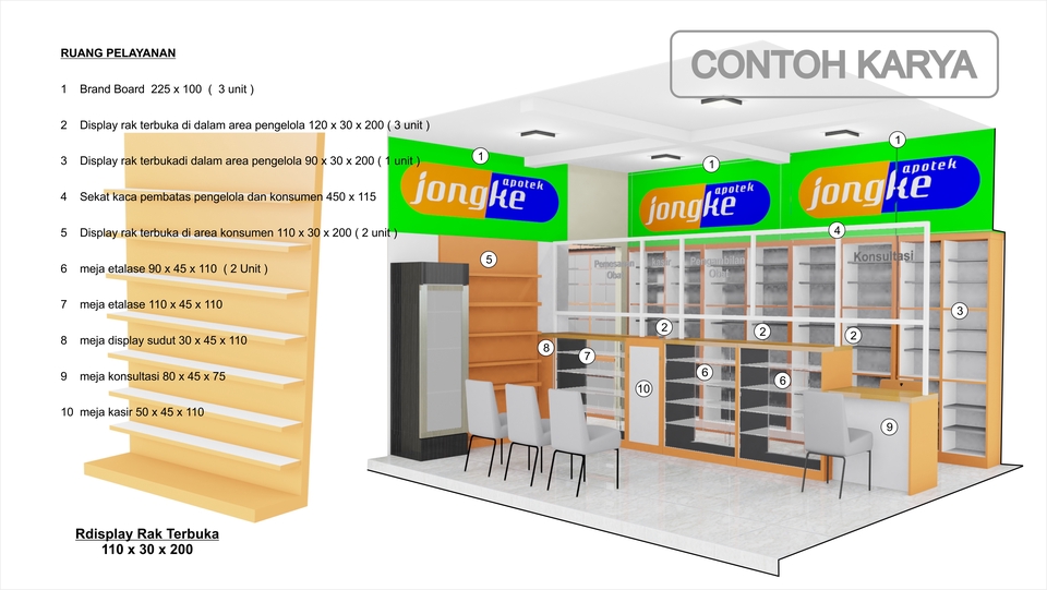 Jasa drafter autocad freelance, desain ruang apotek Jongke. Gambar autocad detail rak dan meja. Drafter interior murah, pembuatan desain toko.