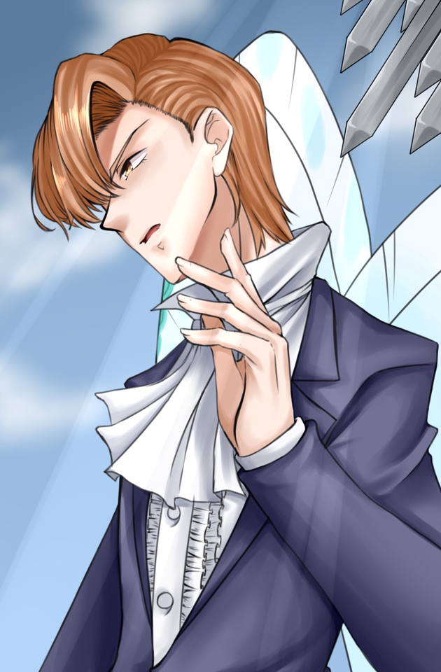 ออกแบบตัวละครชายสไตล์ญี่ปุ่น ในชุดสูท ใส่หมวก มีปีก天使