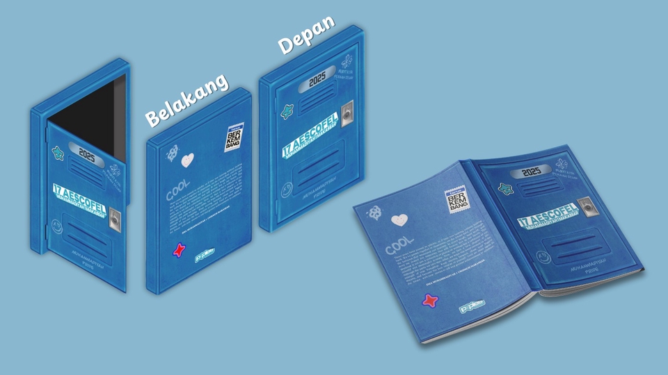 Contoh desain sampul buku dengan tema "Tas Sekolah" - depan dan belakang, dan buku terbuka menampilkan desain interior.