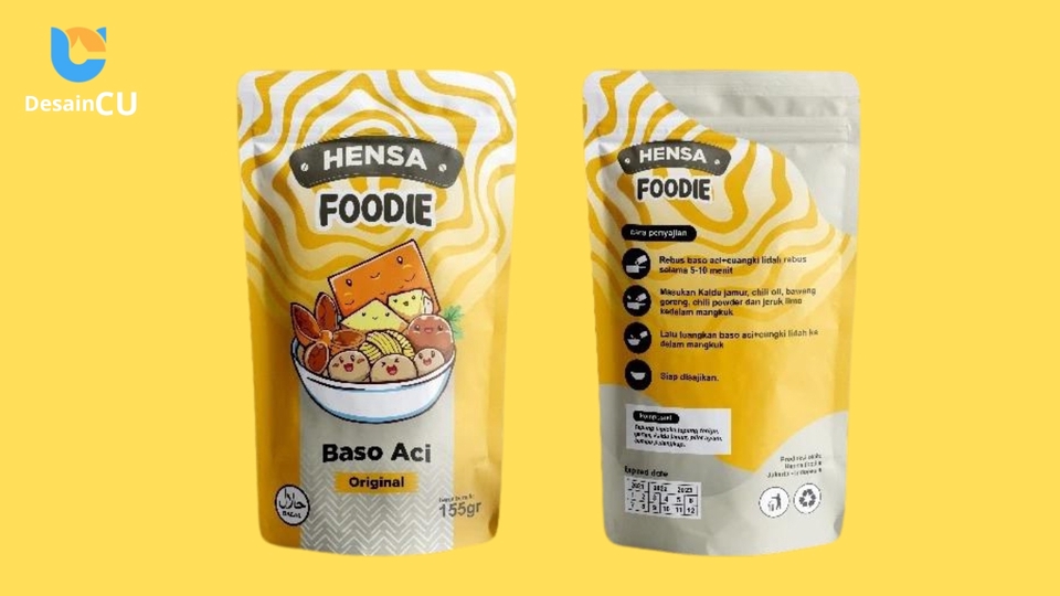 Jasa desain packaging makanan bakso aci dengan label "Hensa Foodie" original, desain kemasan plastik unik dan menarik.