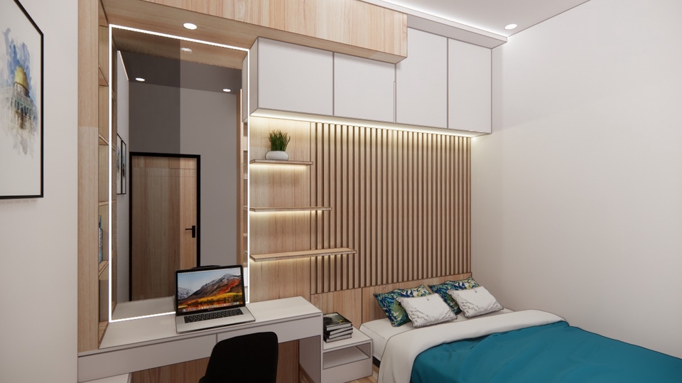 Desain Interior Kamar Tidur Minimalis dengan Dekorasi Kayu dan Cermin