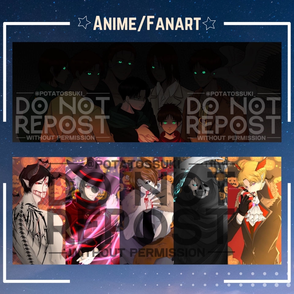 Ilustrasi anime dengan karakter pria dan wanita dalam berbagai pose, termasuk karakter yang sedang berpose dengan pakaian cosplay.