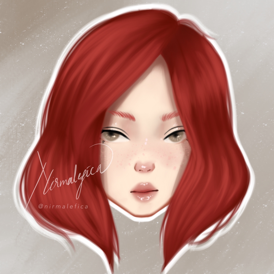 Ilustrasi digital wajah wanita dengan rambut merah, cocok untuk keperluan desain karakter, logo, dan ilustrasi.