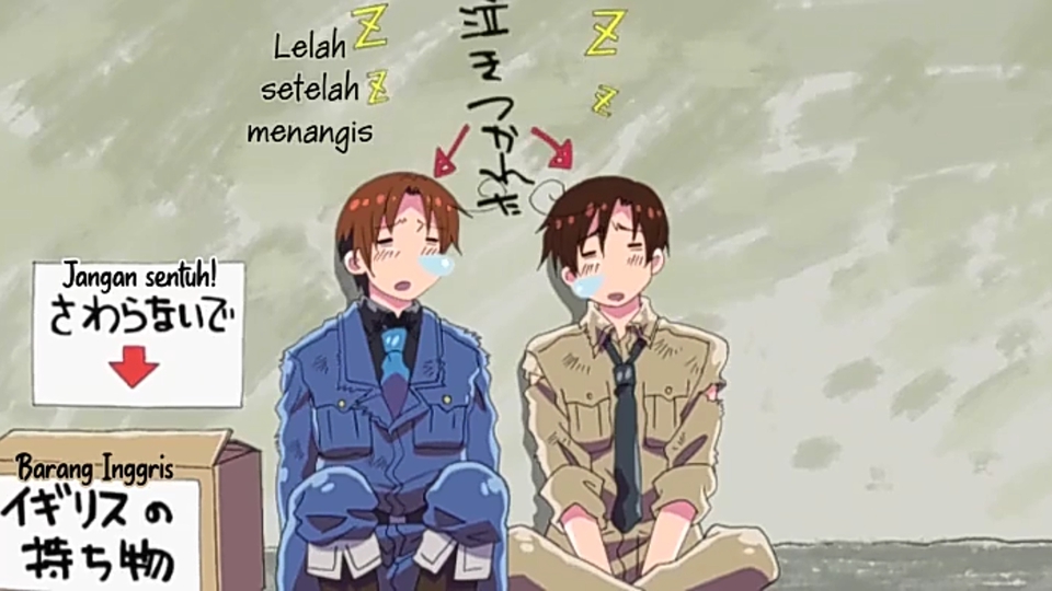 Jasa Pembuatan Subtitle video - ilustrasi anime dua orang pria sedang beristirahat, salah satunya memegang kotak berlabel "Barang Inggris Inggris" dan "Bahasa Inggris" dengan tulisan "lelah setelah menangis" di atas kepala