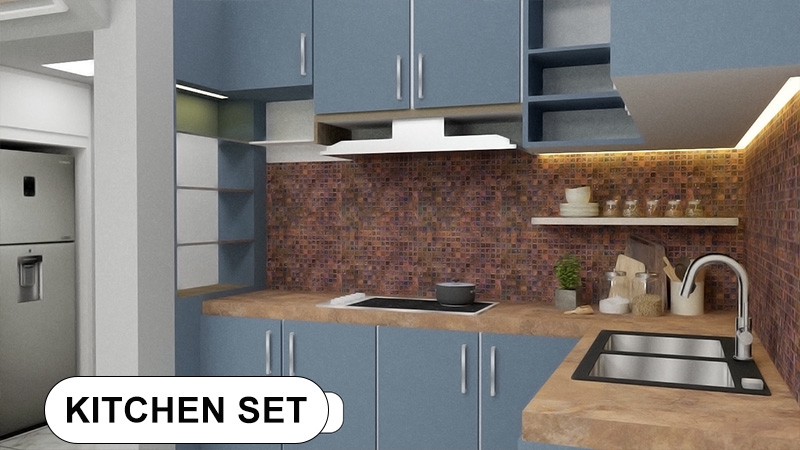 Desain dapur minimalis modern dengan lemari kabinet kayu dan meja marmer, desain dapur, jasa desain interior, jasa desain furniture, desain lemari dapur