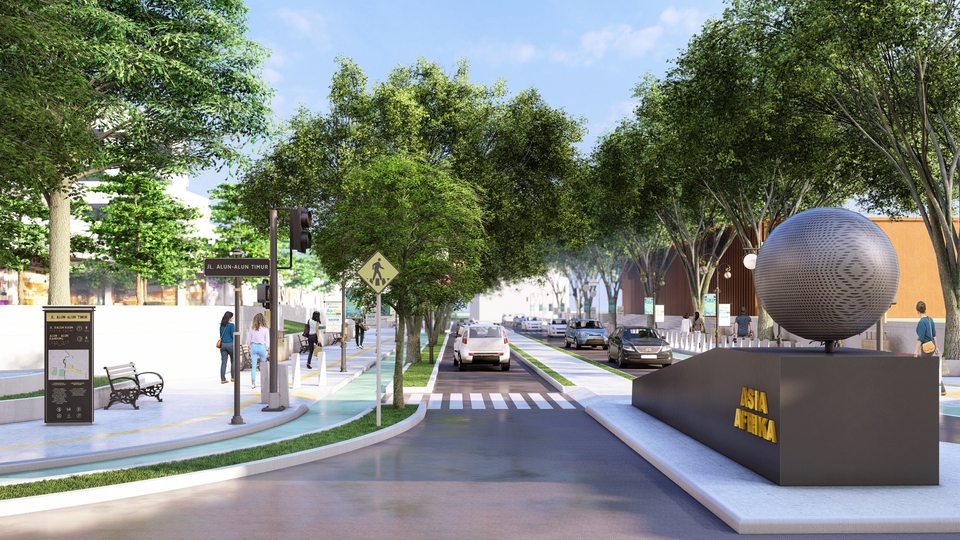 Jasa desain eksterior 3D untuk bangunan modern dengan taman dan jalan setapak, cocok untuk proyek properti, rumah tinggal, cafe, kantor, ruko, dan desain interior.