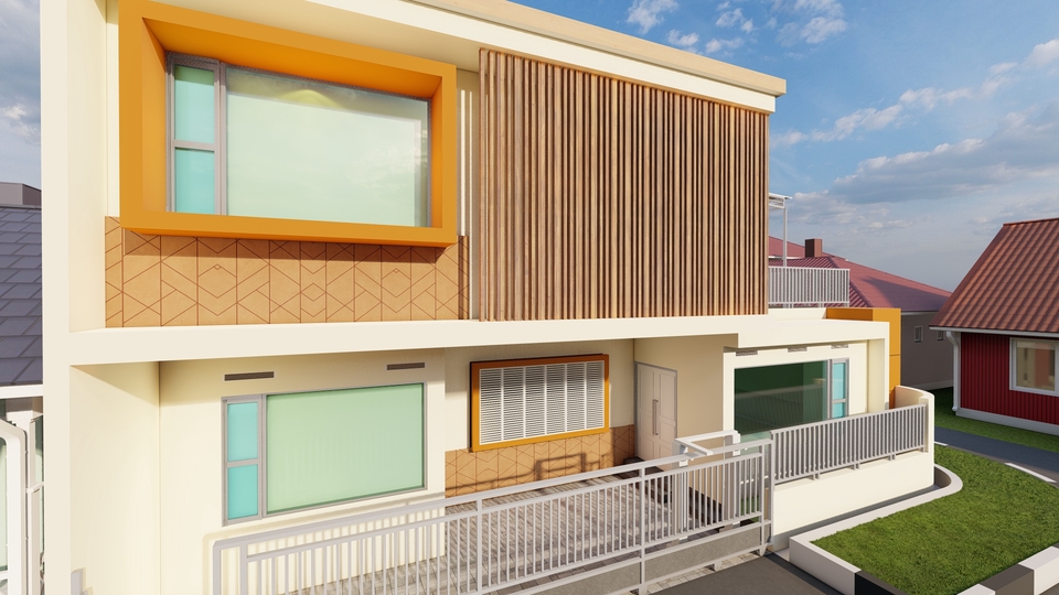 Jasa desain exterior 3D rumah minimalis modern dengan desain teras dan jendela yang menarik, cocok untuk hunian keluarga.