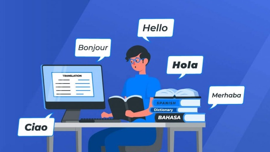Jasa proofreading online, mahasiswa belajar bahasa dengan menggunakan kamus Bahasa Inggris, Bahasa Indonesia, dan Bahasa Spanyol.