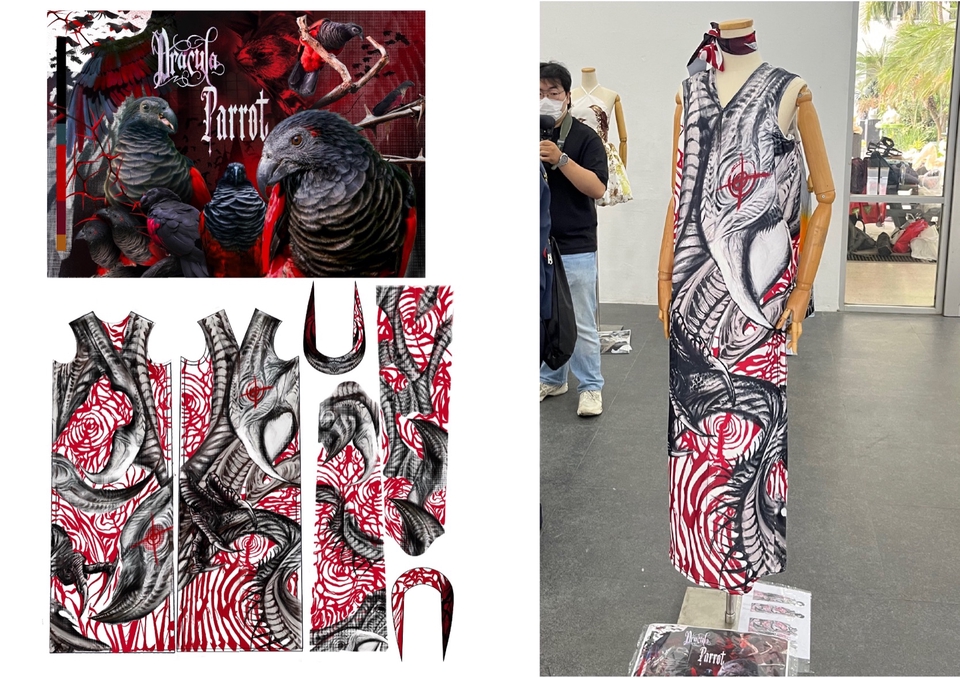รับวาดภาพประกอบลายผ้าแฟชั่น Dracula Parrot วาดภาพดิจิตอลเพ้นท์ ลายสวย ผ้าไหม ออกแบบลายผ้า