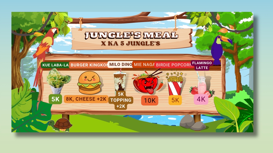 Desain menu makanan Jungle's Meal, desain spanduk kreatif promosi makanan unik, harga jasa desain menu cafe.