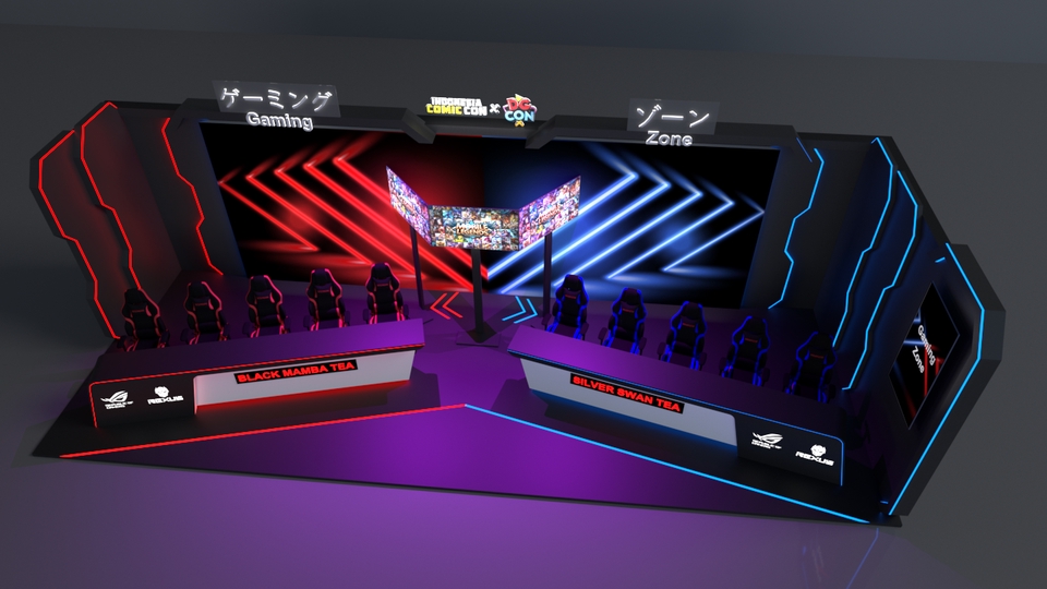 Desain booth pameran esports minimalis dengan tema gaming dan esports. Jasa desain 3D untuk booth pameran.