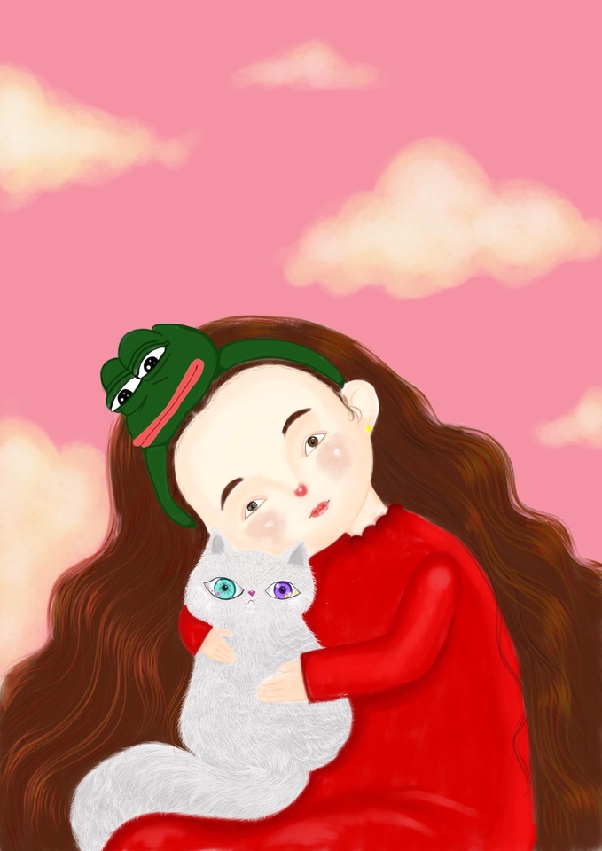 รับวาดรูปภาพประกอบ น่ารัก สไตล์การ์ตูน เด็กหญิง กอดแมว