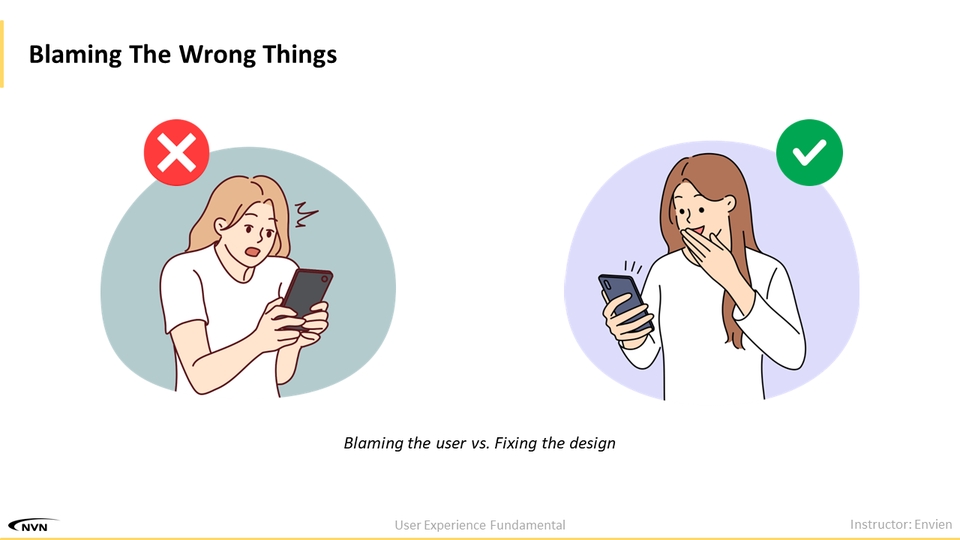 Ilustasi belajar online: kesalahan menyalahkan pengguna vs memperbaiki desain.
