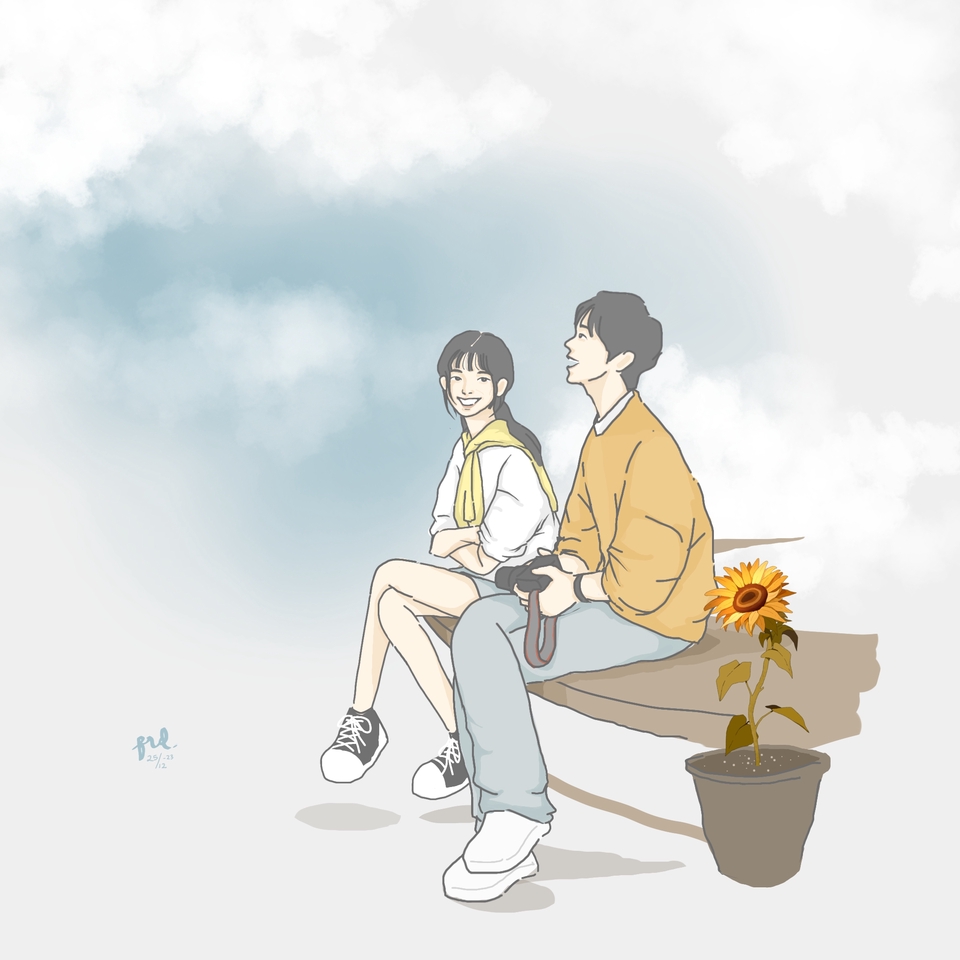 Ilustrasi pasangan pria dan wanita duduk sambil melihat pemandangan, ilustrasi kartun, gambar ilustrasi