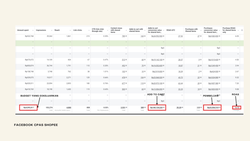 Hasil kampanye Facebook Ads dengan berbagai metrik seperti budget, impresi, CTR, konversi, pembelian, dan ROAS.