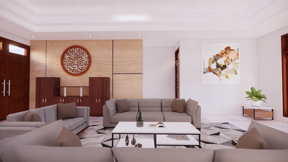 Jasa desain interior 3D untuk rumah minimalis modern dengan ruang tamu, ruang makan, dan dapur.