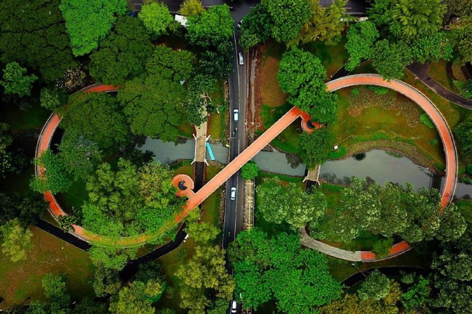 Menyusun Rencana Perjalanan Wisata: Jalan setapak melingkar di taman hijau dengan kolam dan pepohonan yang rimbun.