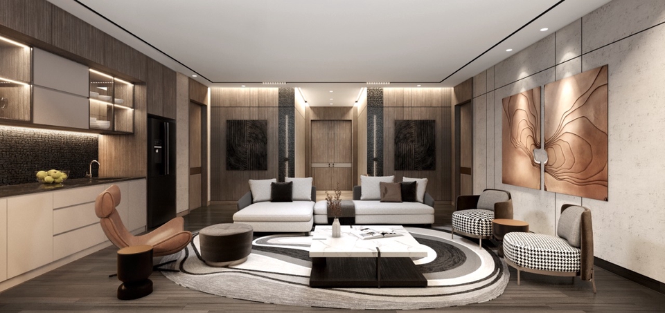 Jasa desain interior ruang tamu minimalis dengan sofa dan coffee table modern