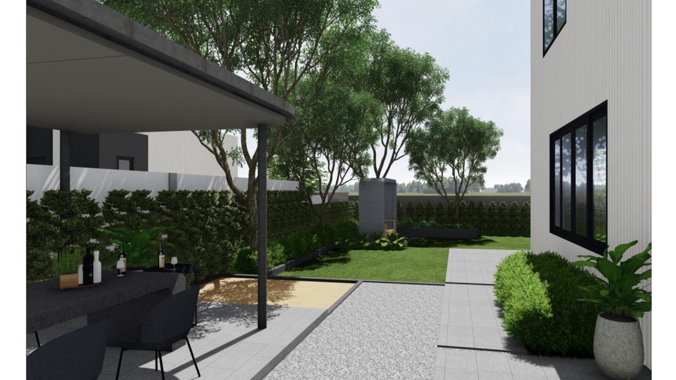 รับออกแบบภูมิทัศน์และจัดสวนสวยสไตล์โมเดิร์น บ้านเดี่ยว พื้นที่พักผ่อนกลางแจ้ง จัดสวนสวย