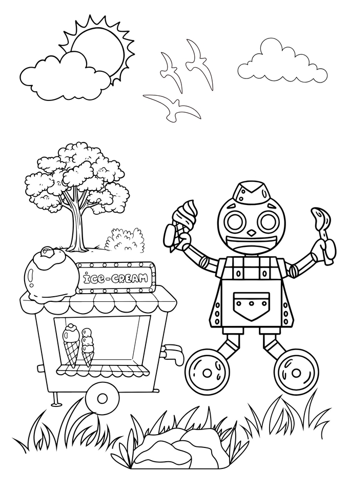 Ilustrasi kartun lucu robot penjual es krim dengan gerobak dan gambar buah serta hewan