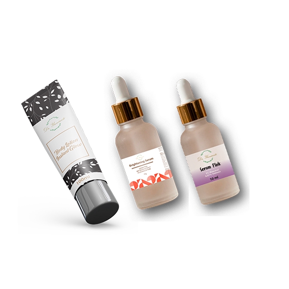 Jasa desain kemasan produk body lotion dan serum dengan desain label yang menarik dan unik