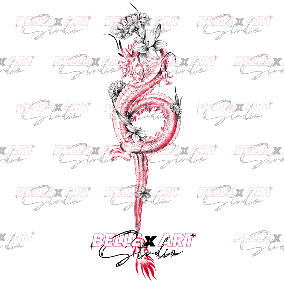ออกแบบลายสักมินิมอล ดอกไม้ สีแดง มังกร