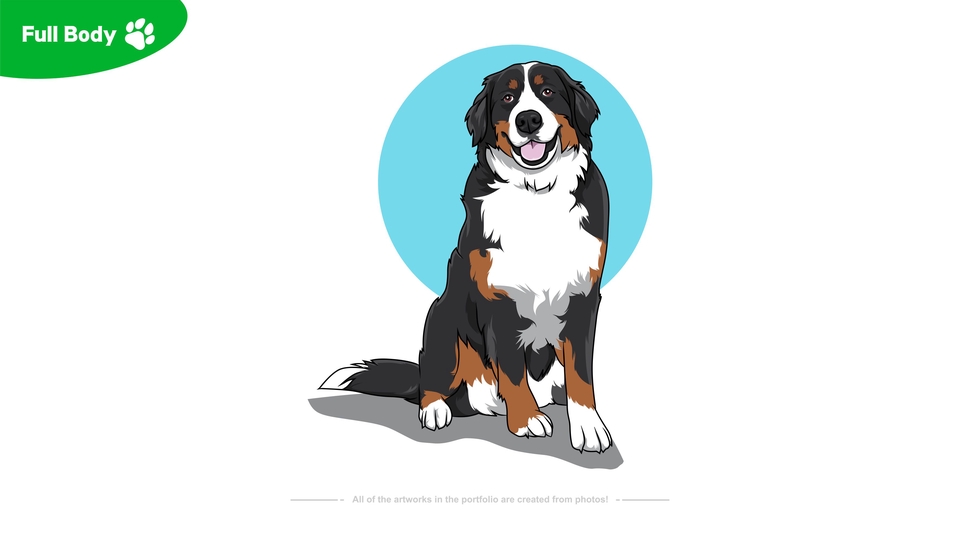 Ilustrasi anjing Bernese Mountain Dog duduk dengan latar belakang biru
