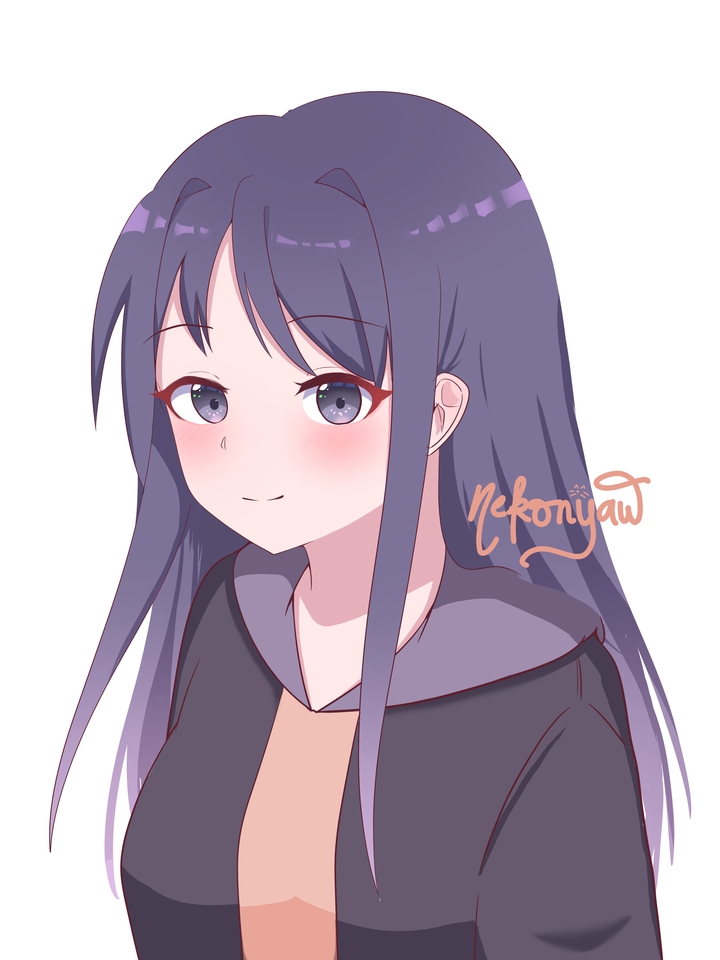 Ilustrasi gadis anime berambut ungu dengan baju hitam dan kuning.