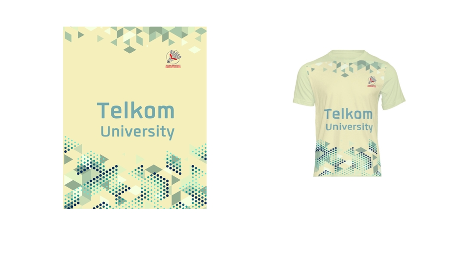 Desain kaos Telkom University dengan motif geometris abstrak dan warna kuning dan hijau.