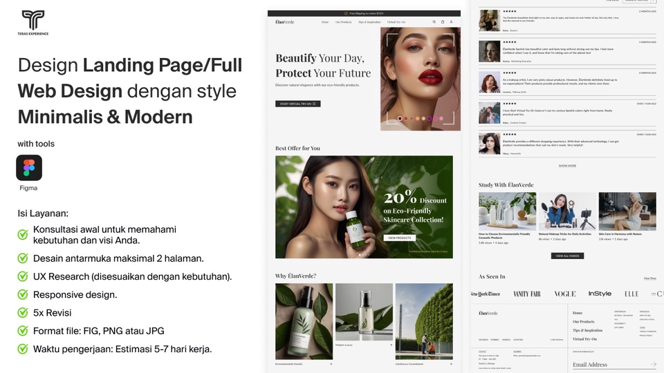 Desain UI UX website modern minimalis; jasa desain landing page dan web profesional; desain aplikasi mobile; UI UX freelance Indonesia