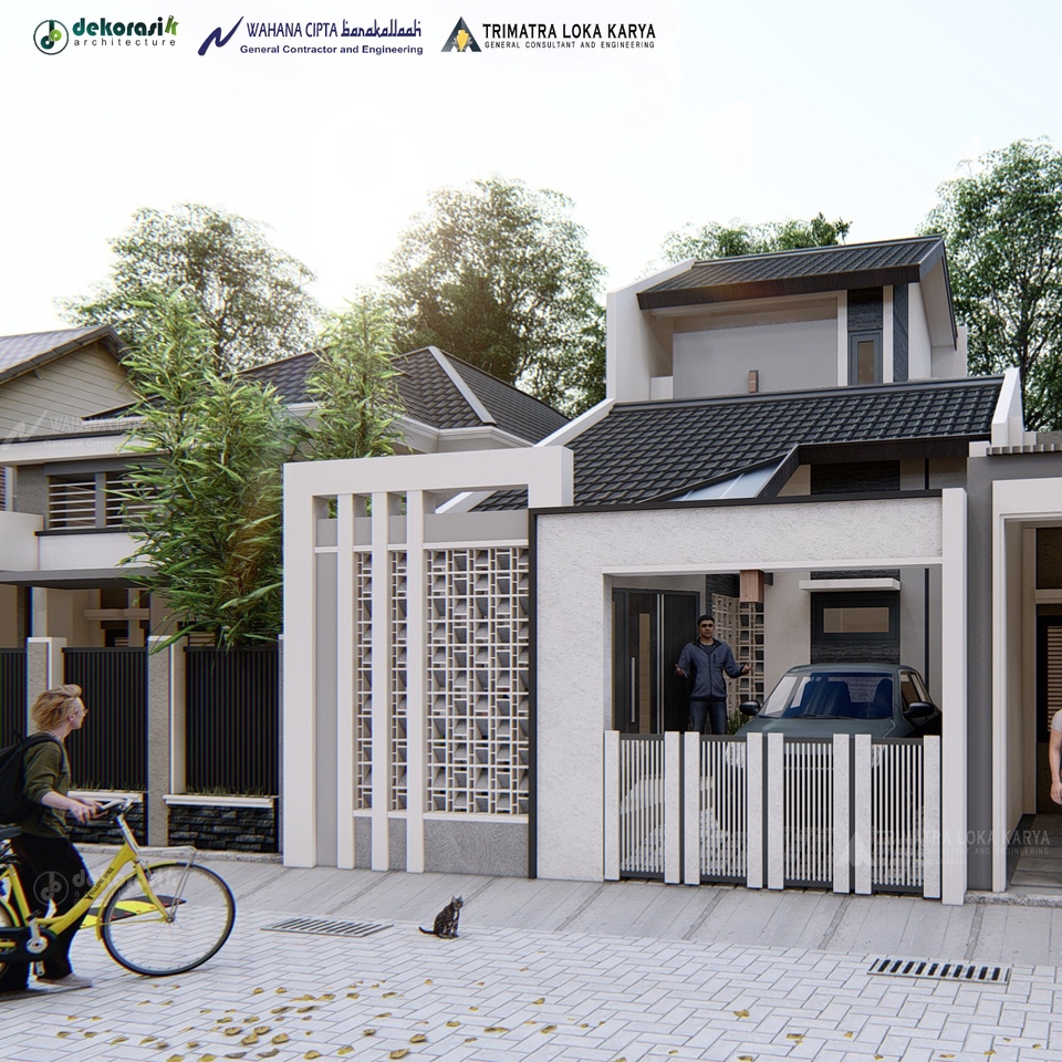 Jasa desain 3d exterior rumah minimalis modern dengan pagar dan taman kecil