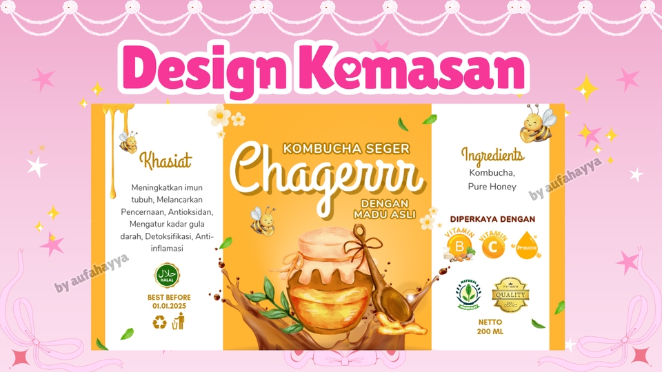 Desain kemasan kombucha "Chagerrr" dengan desain infografis yang menarik, menggunakan warna-warna cerah dan elemen visual yang memikat.