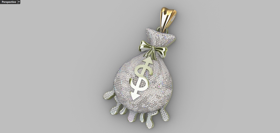 Jasa Desain 3D Perhiasan: Model liontin tas uang dolar berlian. Desain mewah, unik, 3D model.