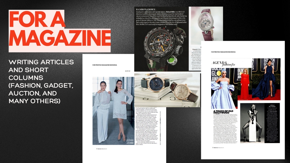 Jasa penulis artikel freelance, menulis konten untuk majalah dan website dengan topik fashion, gadget, lelang, dan lainnya.