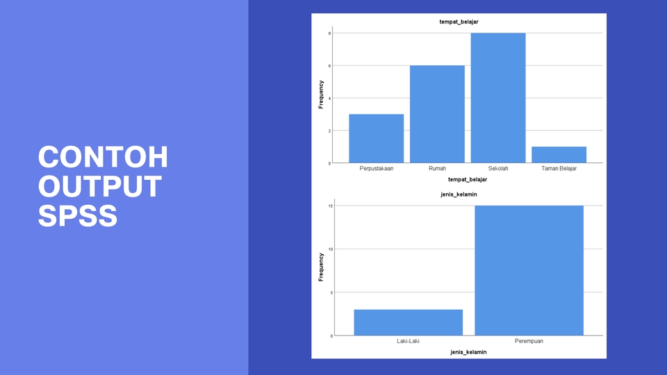 Contoh output analisis deskriptif spss tentang tempat belajar dan jenis kelamin.